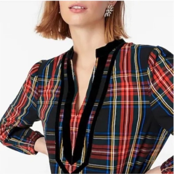 J. Crew Velvet-Trimmed V-neck Long Sleeve Tunic in Black Stewart Tartan - Picture 3 of 10